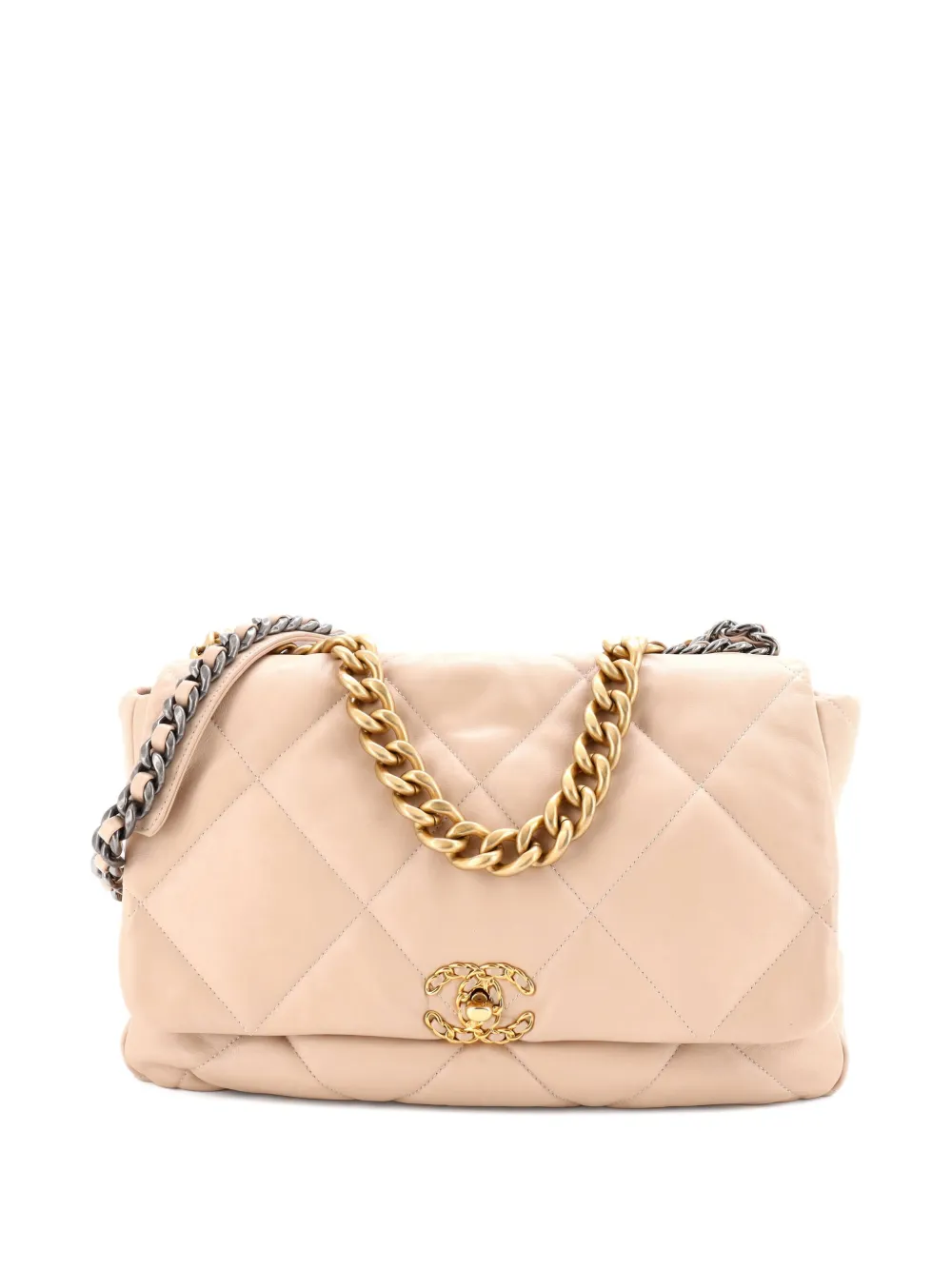 Pre-owned Chanel 19 Flap Bag Quilted Leather Maxi Crossbody Bag In Neutral