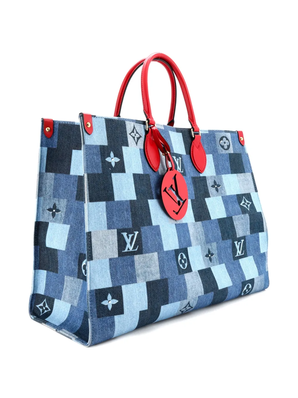 Pre-owned Louis Vuitton Onthego Damier And Monogram Patchwork Denim Gm Tote Bag In Blue