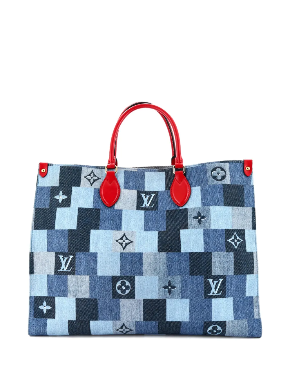 Pre-owned Louis Vuitton Onthego Damier And Monogram Patchwork Denim Gm Tote Bag In Blue