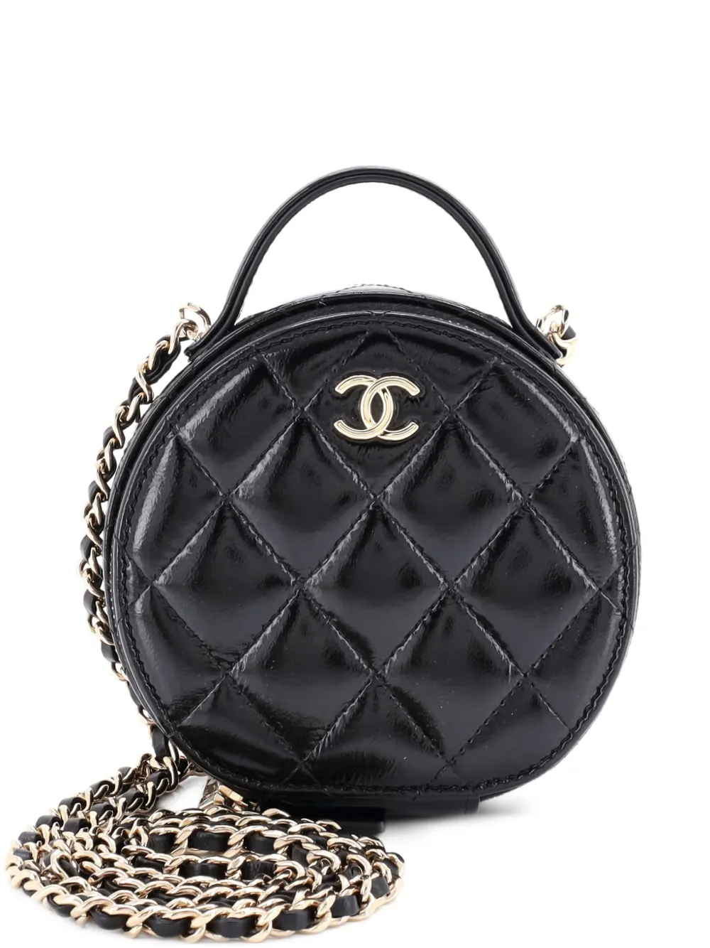CHANEL Pre-Owned Handle with Care Round Vanity Case with Chain Quilted CHANEL Pre-Owned Handle with Care Round Vanity Case with Chain Quilted