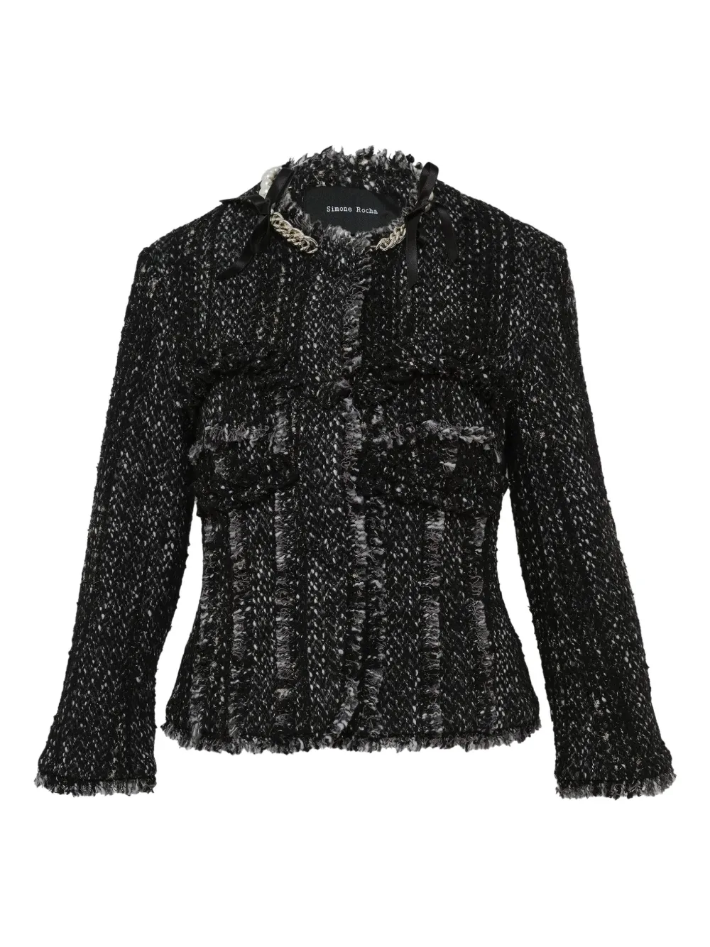 Simone Rocha Embellished Frayed-edge Tweed Jacket In Black