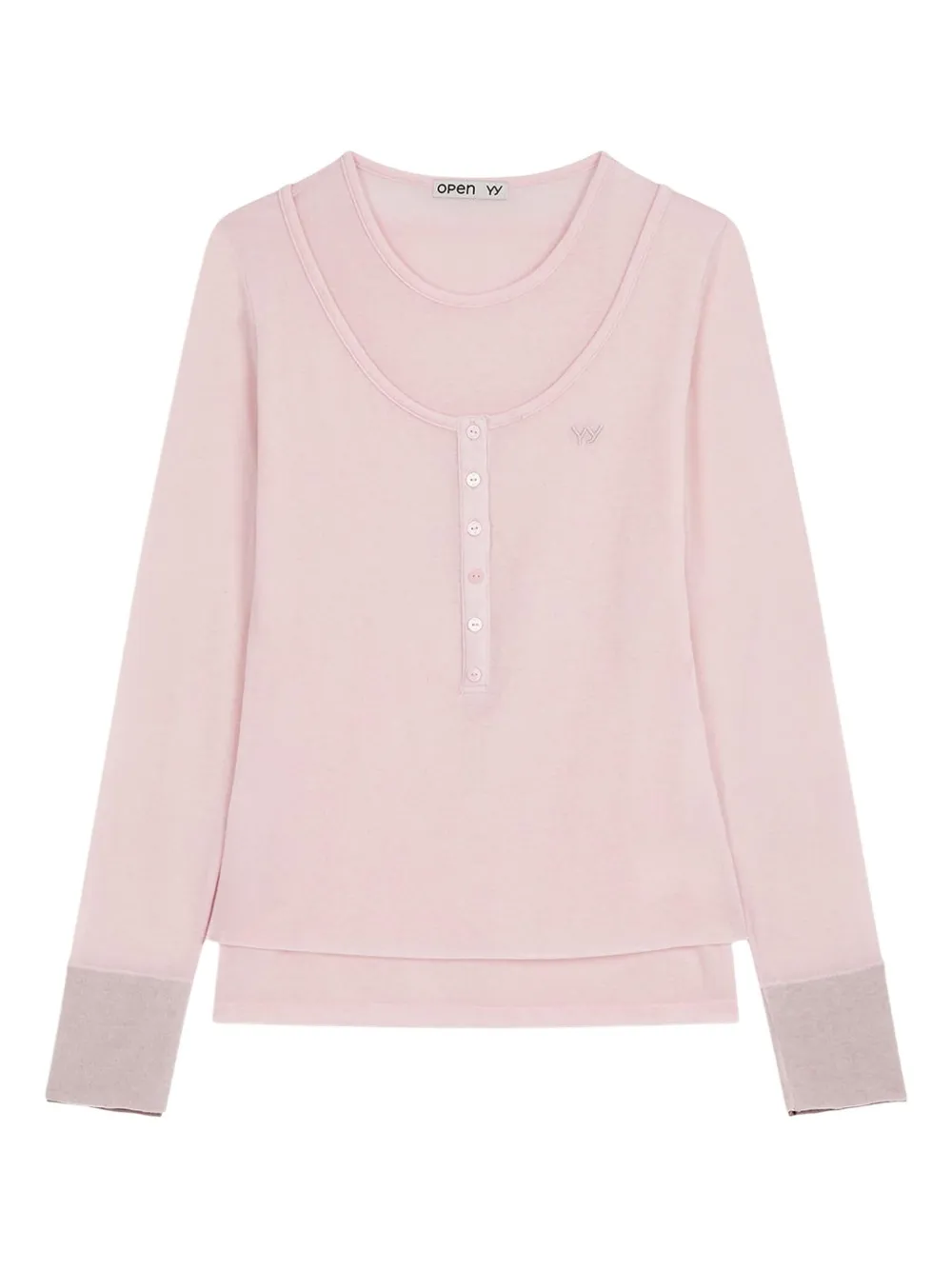 Open Yy Layered-design Henley-neckline T-shirt In Pink