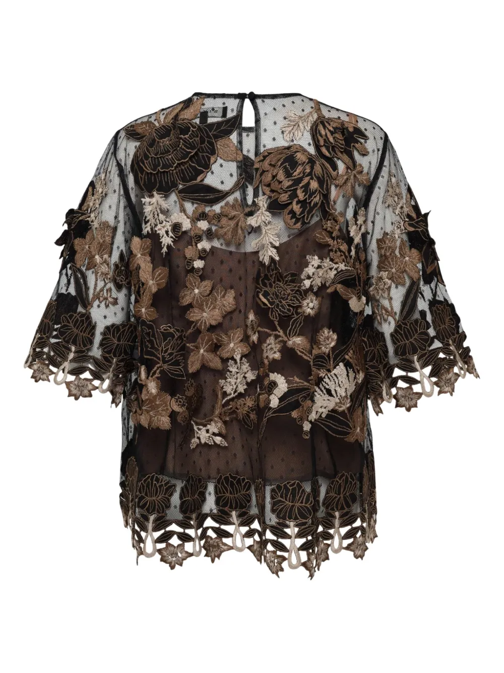 Biyan embroidered 3D-applique tulle top - Zwart