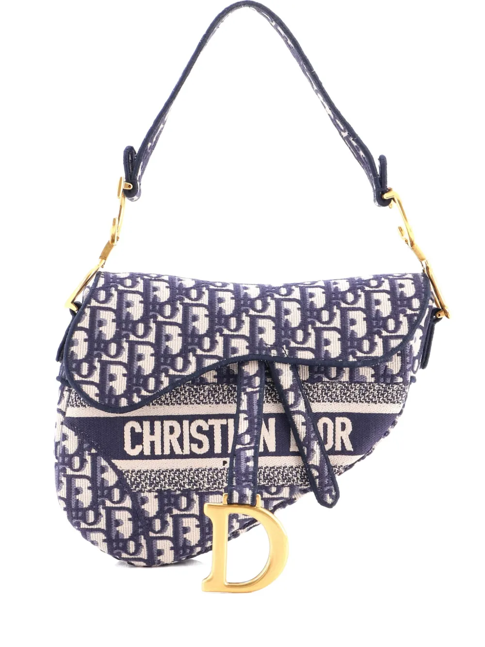Pre-owned Dior Saddle Handbag Logo Embroidered Oblique Canvas Medium Shoulder Bag In Blue