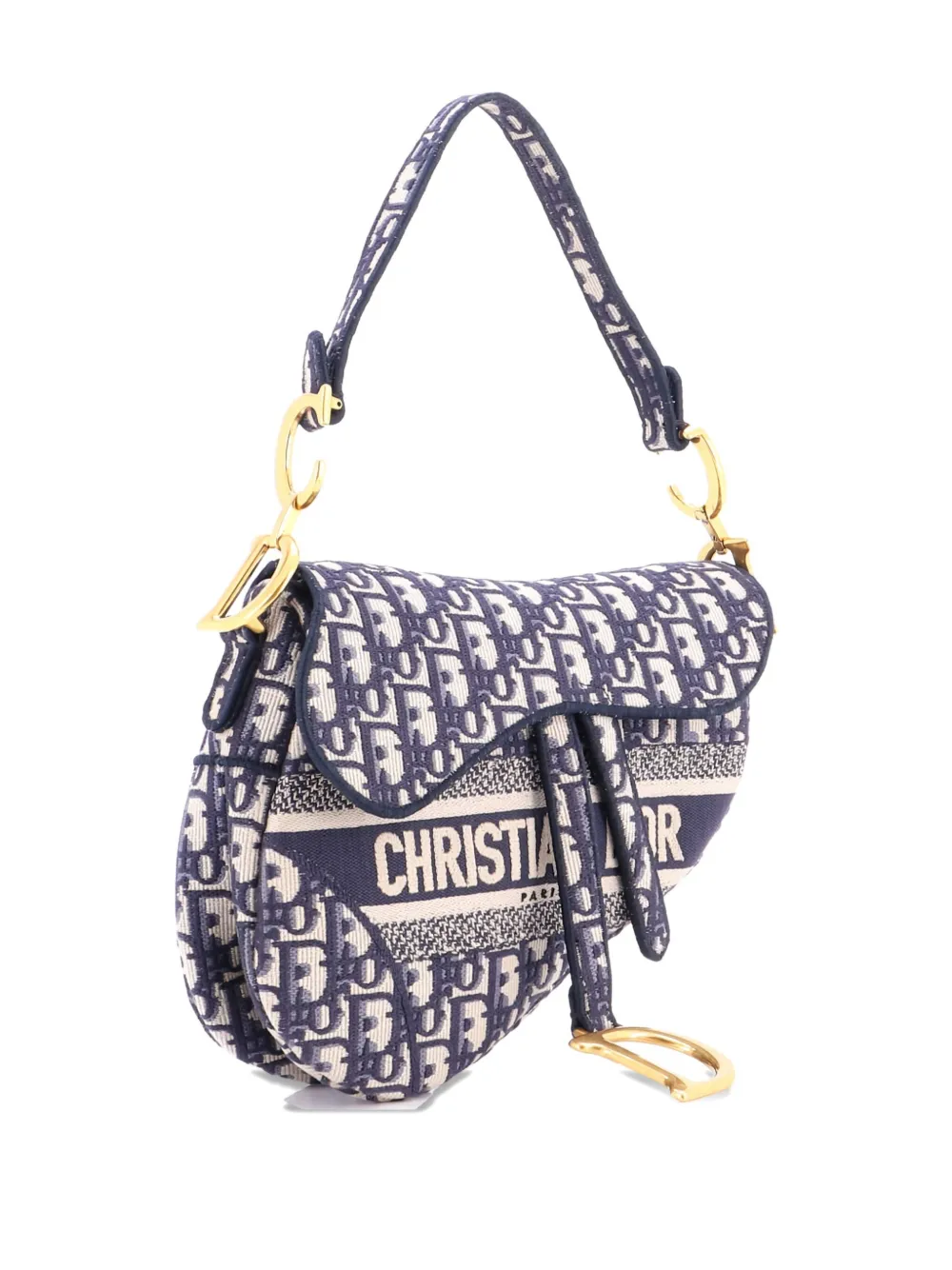 Pre-owned Dior Saddle Handbag Logo Embroidered Oblique Canvas Medium Shoulder Bag In Blue
