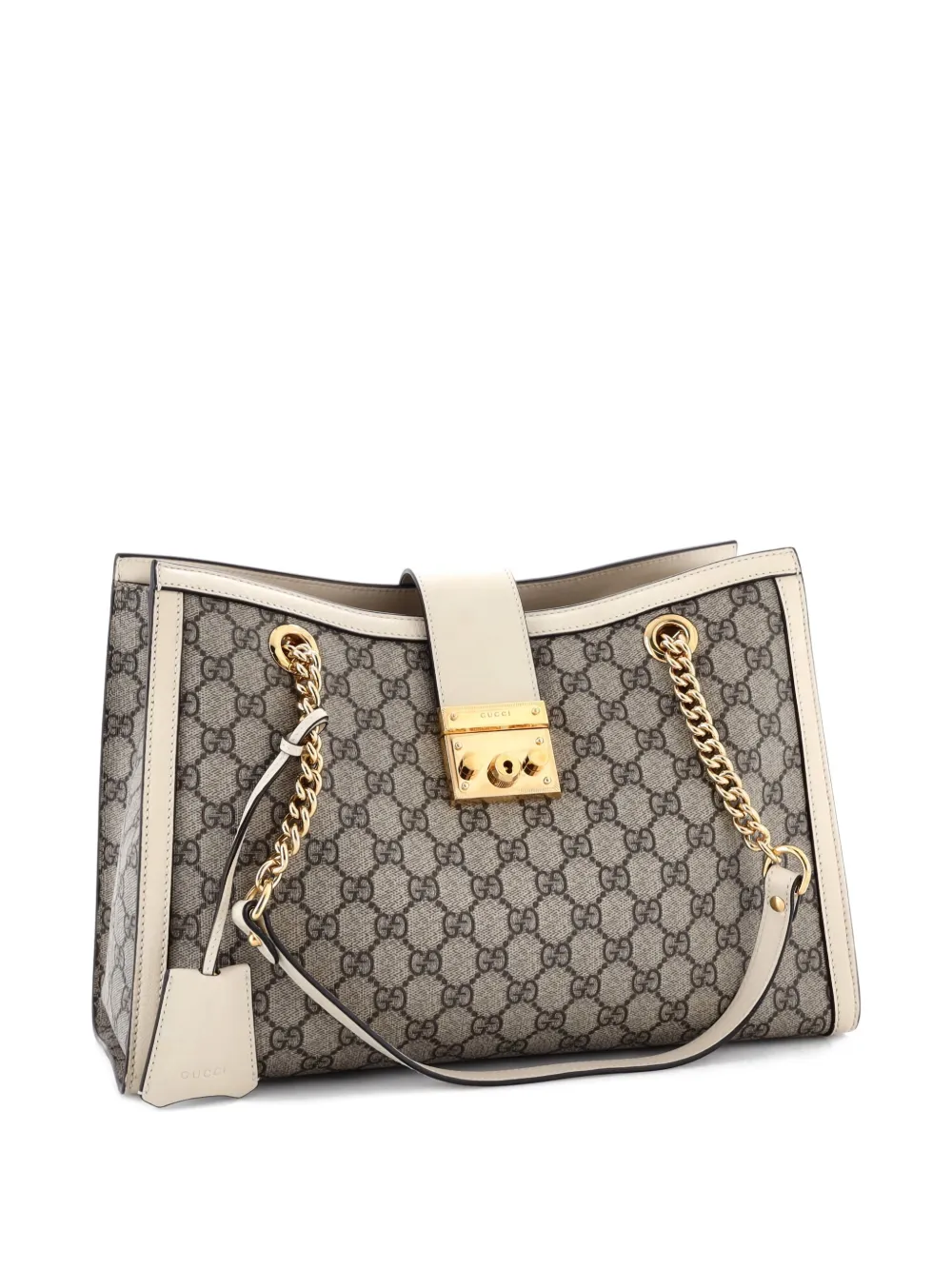 Pre-owned Gucci Padlock Chain Gg Coated Canvas With Leather Medium Tote Bag In White