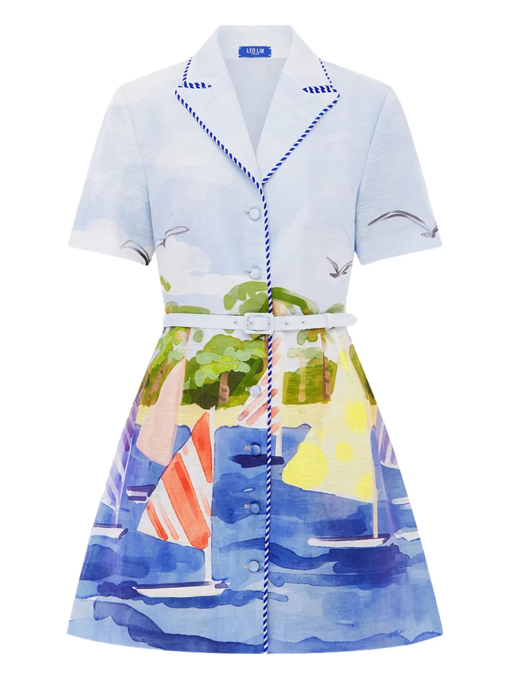 Leo Lin Brigitte Nautical-print Belted Mini Dress In Blue