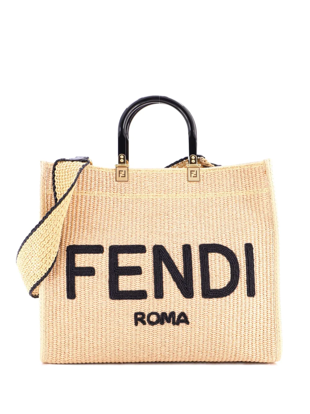 Fendi Pre-Owned Sunshine Shopper Woven Raffia Medium tote bag - ニュートラル Fendi Pre-Owned Sunshine Shopper Woven Raffia Medium tote bag - ニュートラル