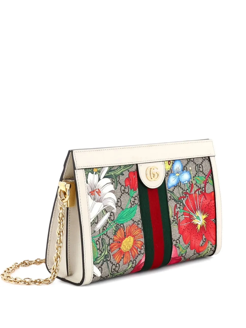 Pre-owned Gucci Ophidia Chain Shoulder Bag Flora Gg Coated Canvas Small Crossbody Bag In Brown