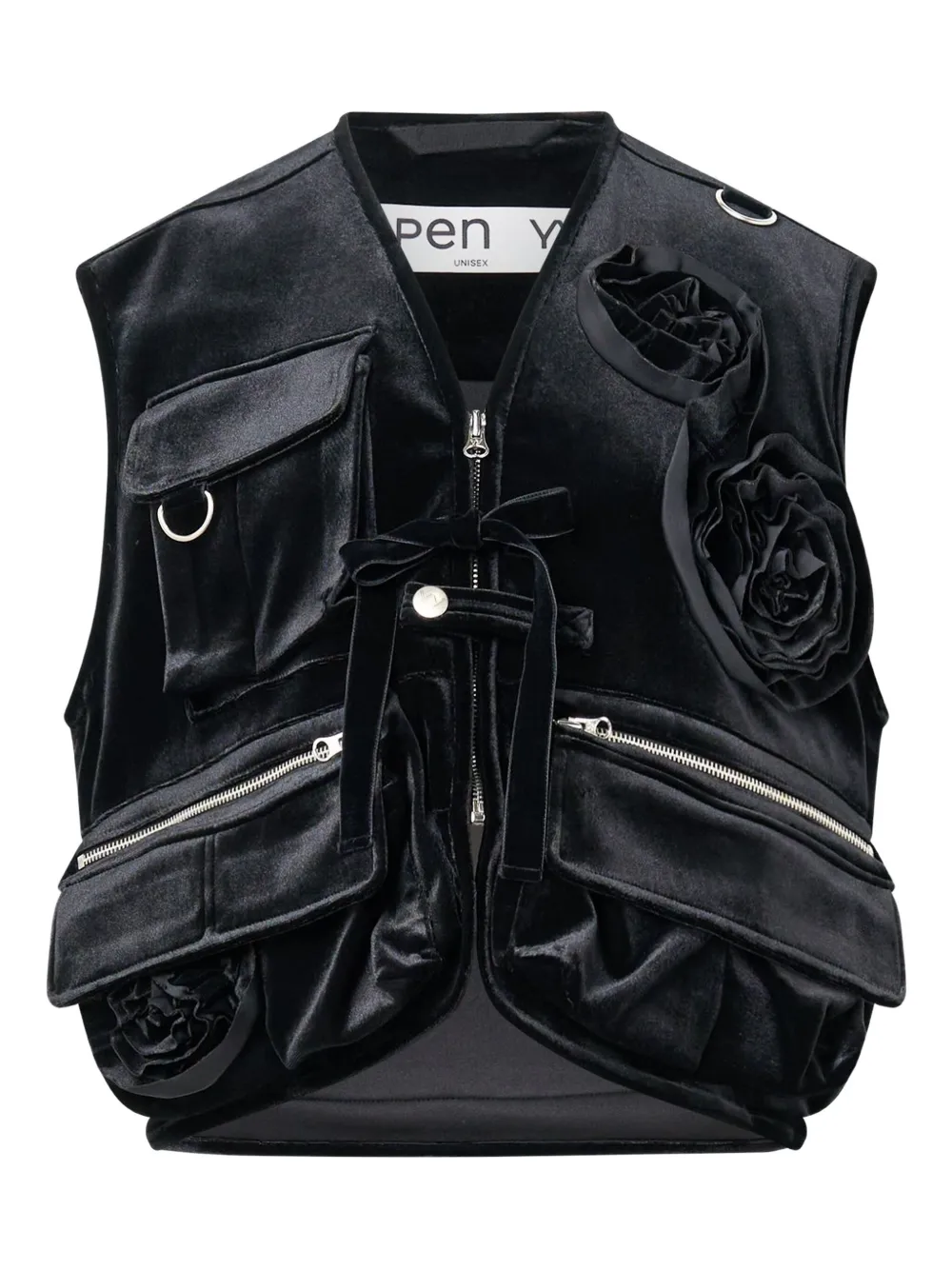 Open Yy Floral-appliqué Velvet Gilet In Black