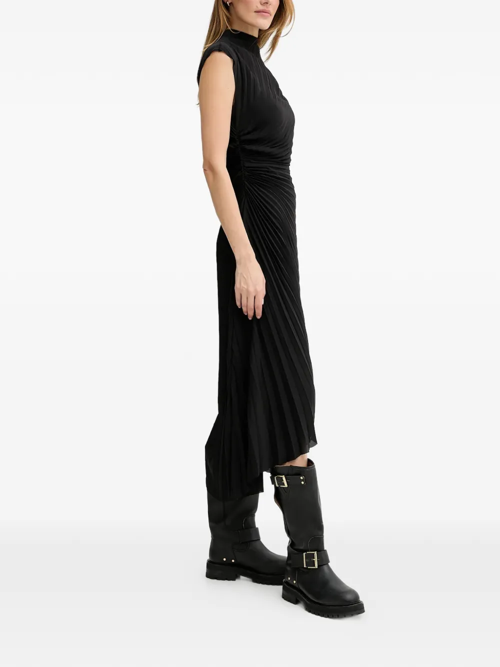 Allsaints Rayanna Pleated Asymmetric Dress In Black