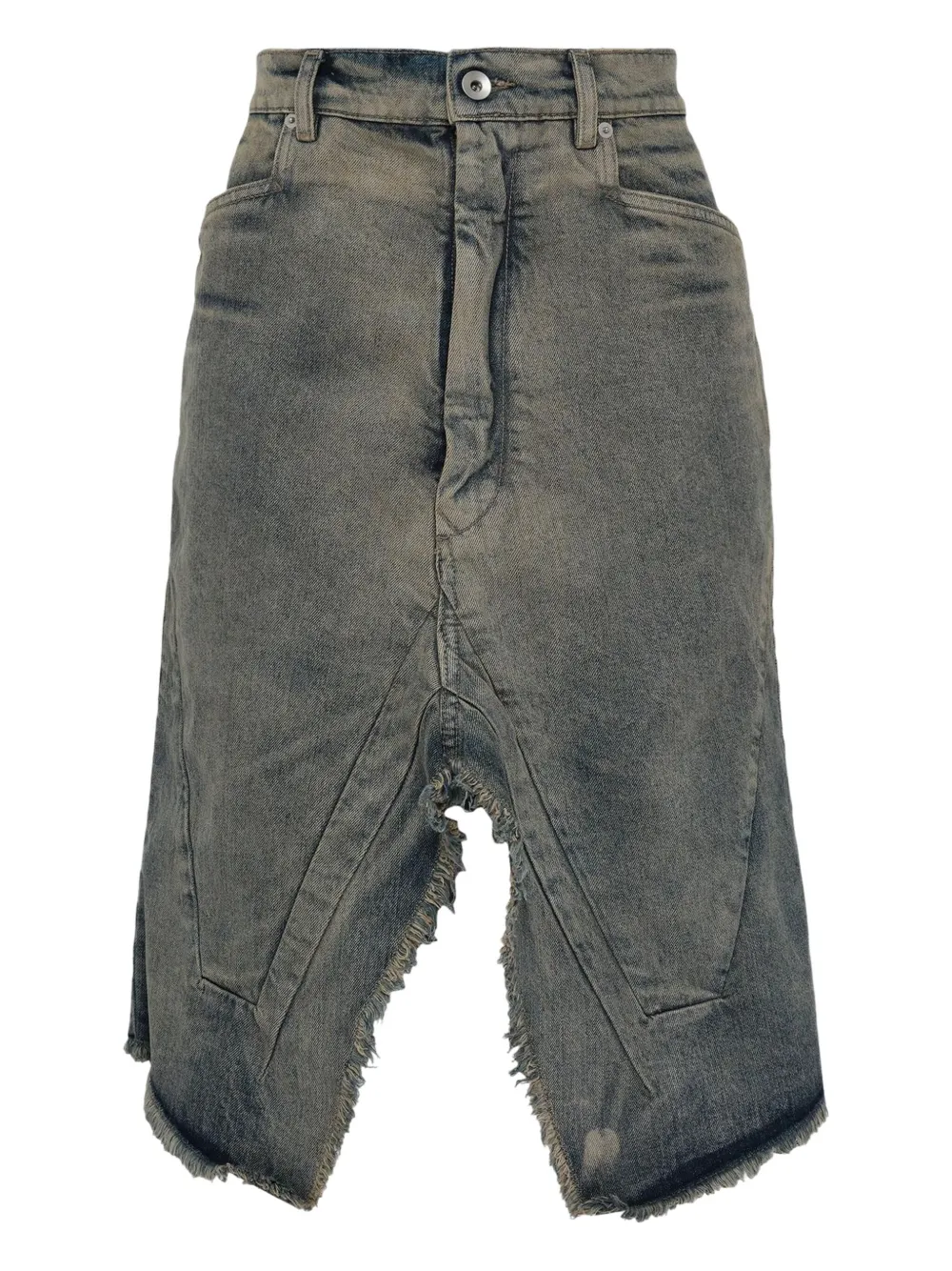Rick Owens Slivered Frayed Denim Asymmetric Skirt In Gray