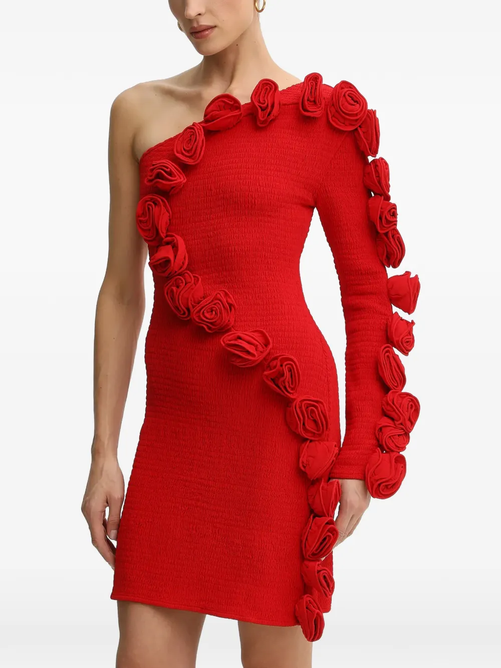 FARM Rio rose-appliqué one-shoulder mini dress - Rosso