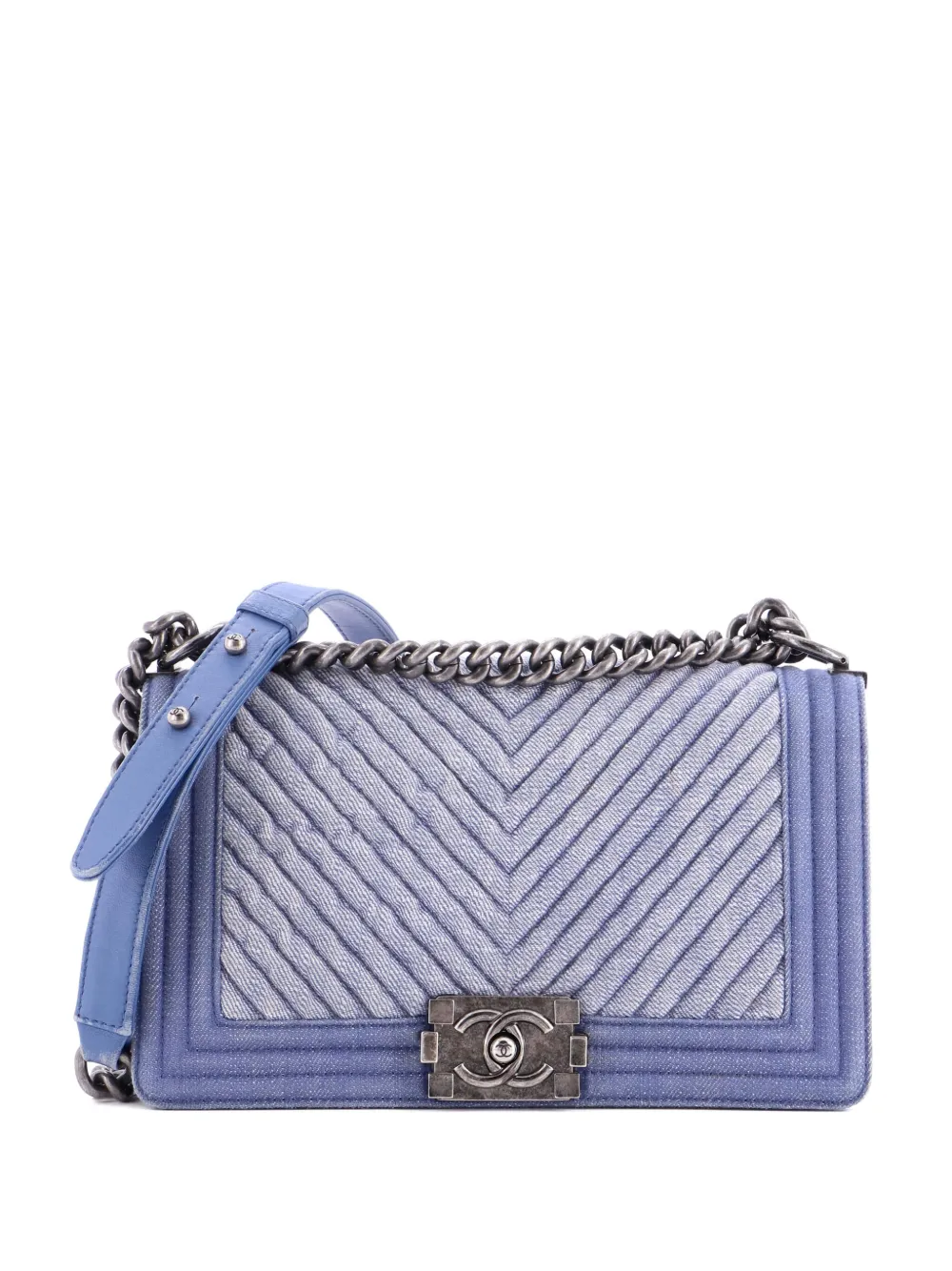 Pre-owned Chanel Boy Flap Bag Chevron Denim Old Medium Shoulder Bag In Blue
