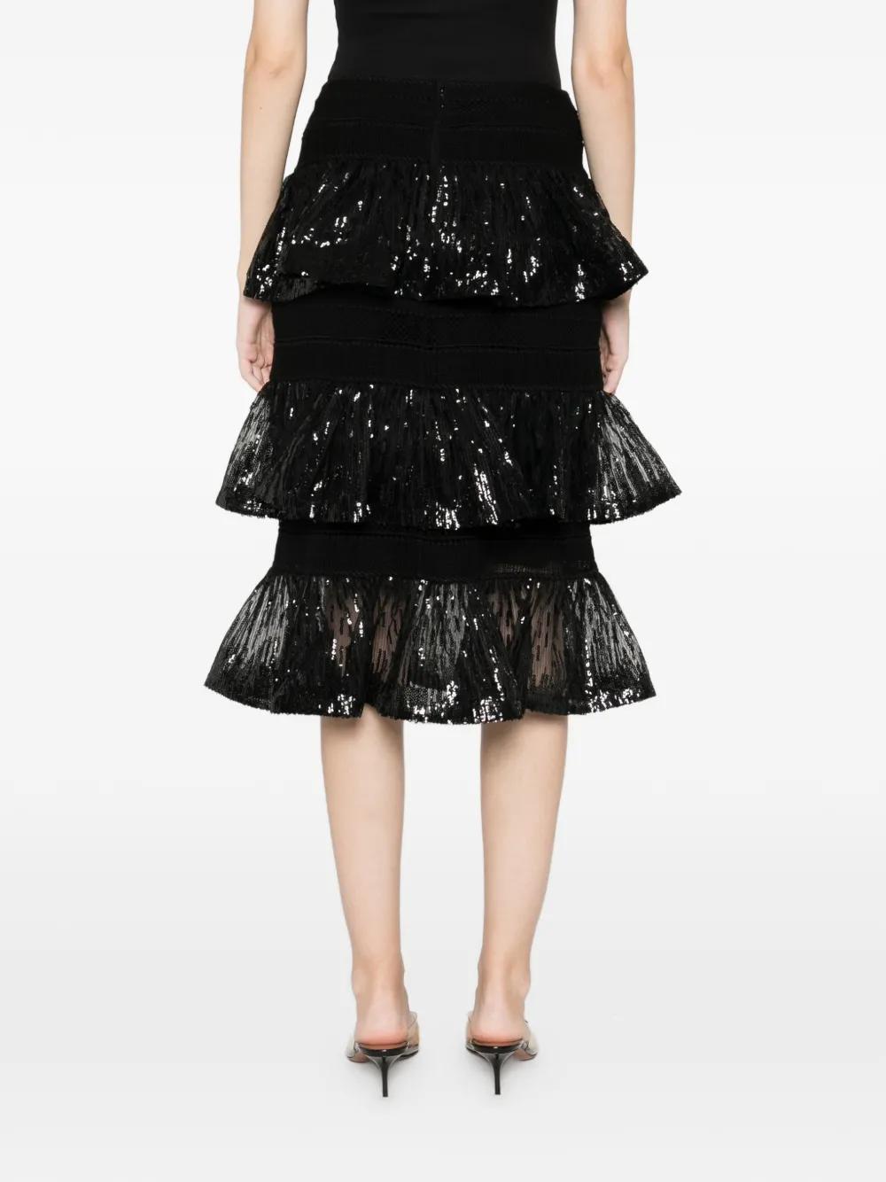 Elie Saab Sequin Ruffled Midi Skirt In Black