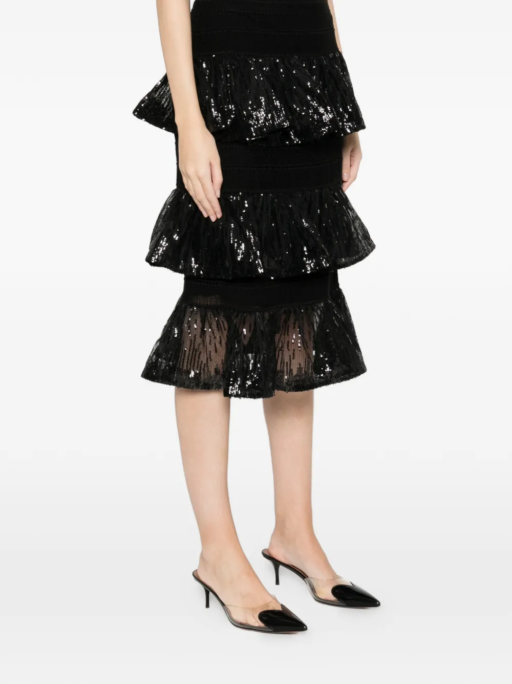 Elie Saab Sequin Ruffled Midi Skirt In Black