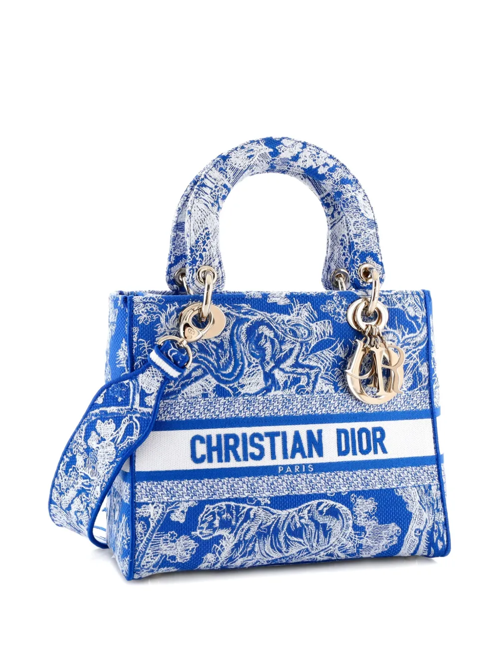 Pre-owned Dior Lady D-lite Embroidered-canvas Tote Bag In Blue