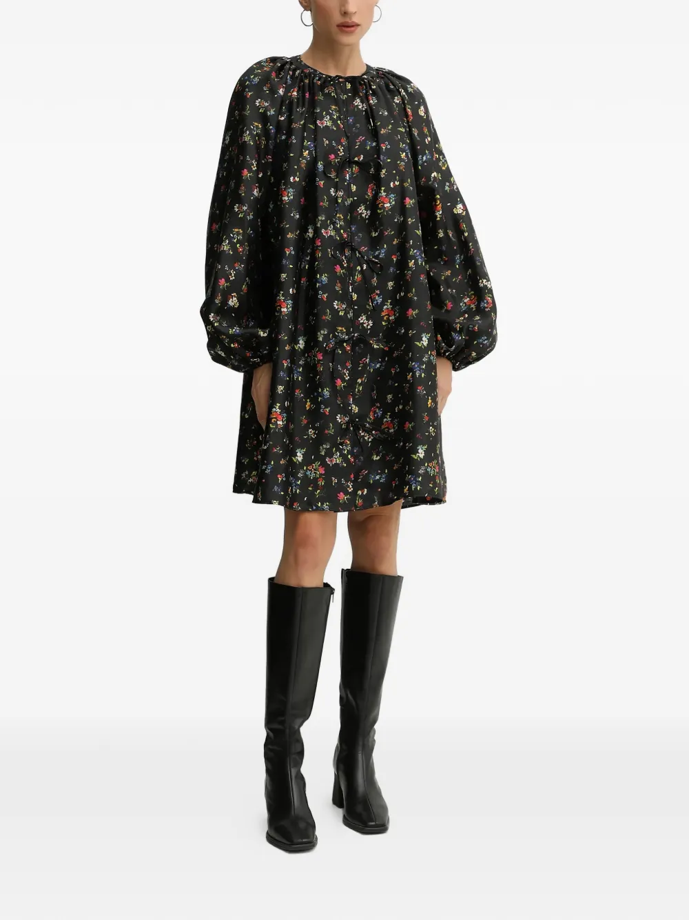 Stine Goya Mini-jurk met bloemenprint en gestrikt detail - Zwart