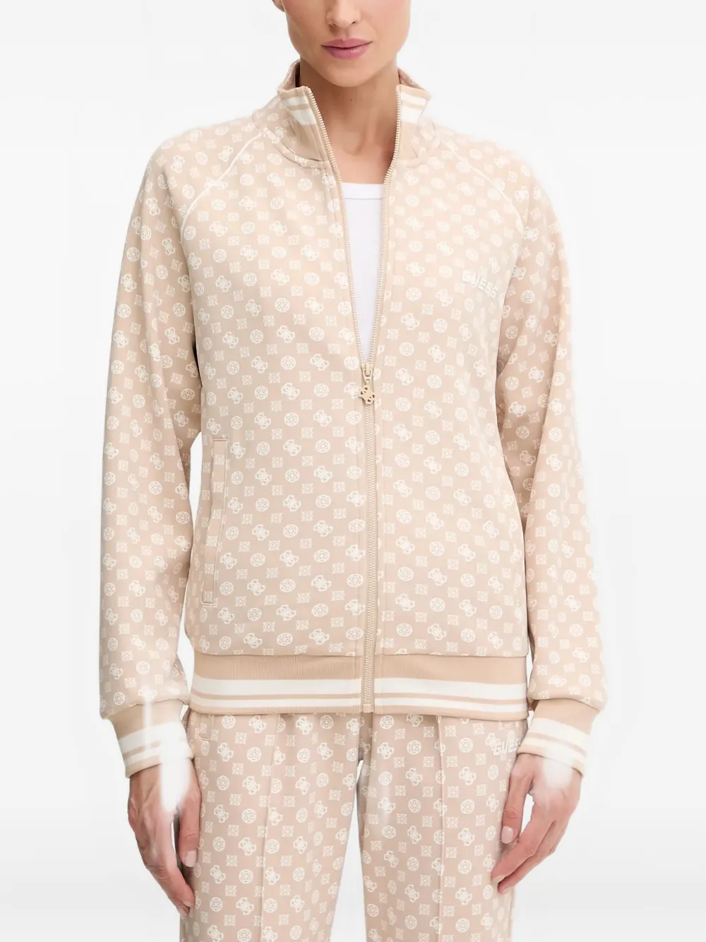 Guess Usa Zip-up Patterned Sweatshirt In Neutral