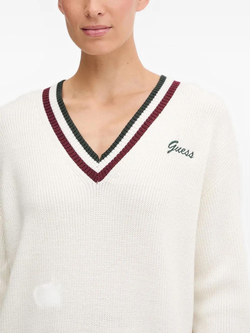 Guess Usa V-neck Striped Sweater In White