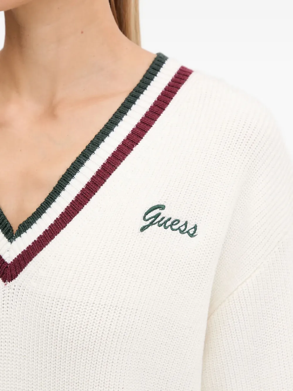 Guess Usa V-neck Striped Sweater In White