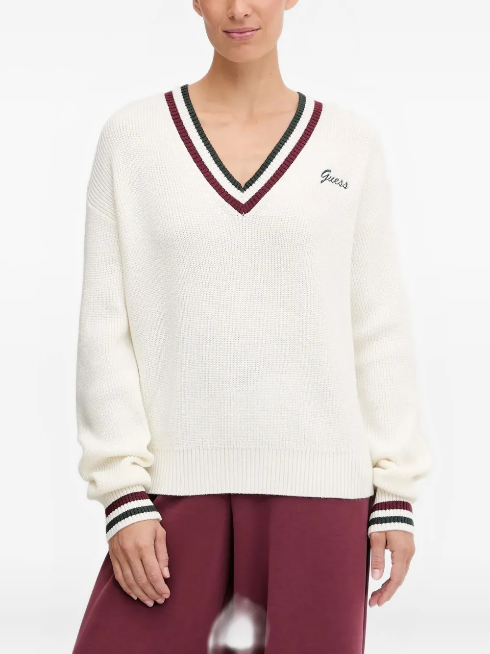 Guess Usa V-neck Striped Sweater In White