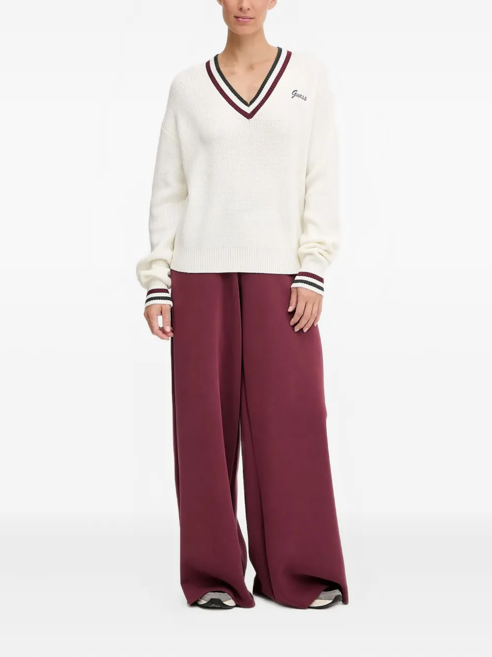 Guess Usa V-neck Striped Sweater In White