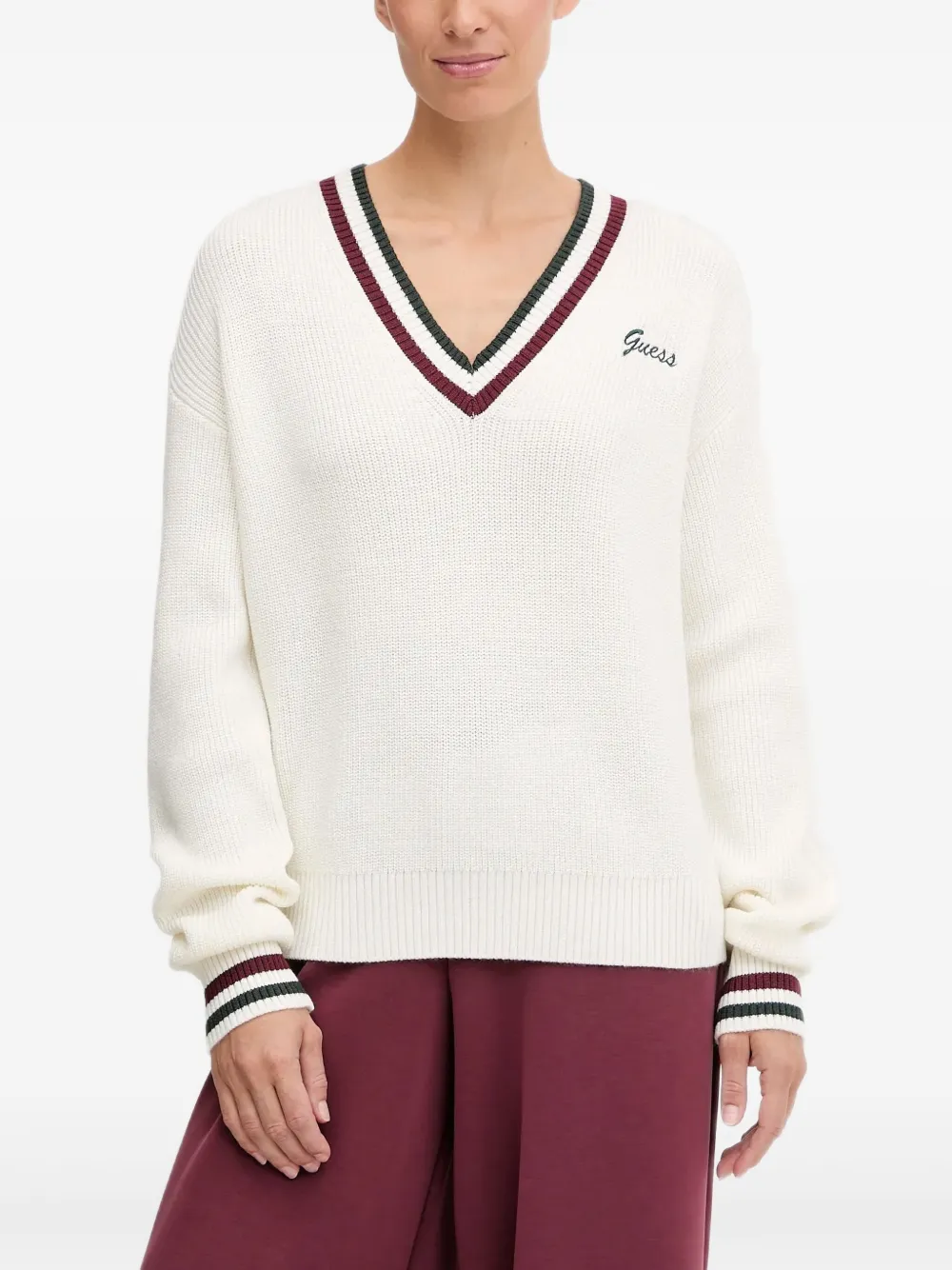 GUESS USA Gestreepte trui met V-hals Wit