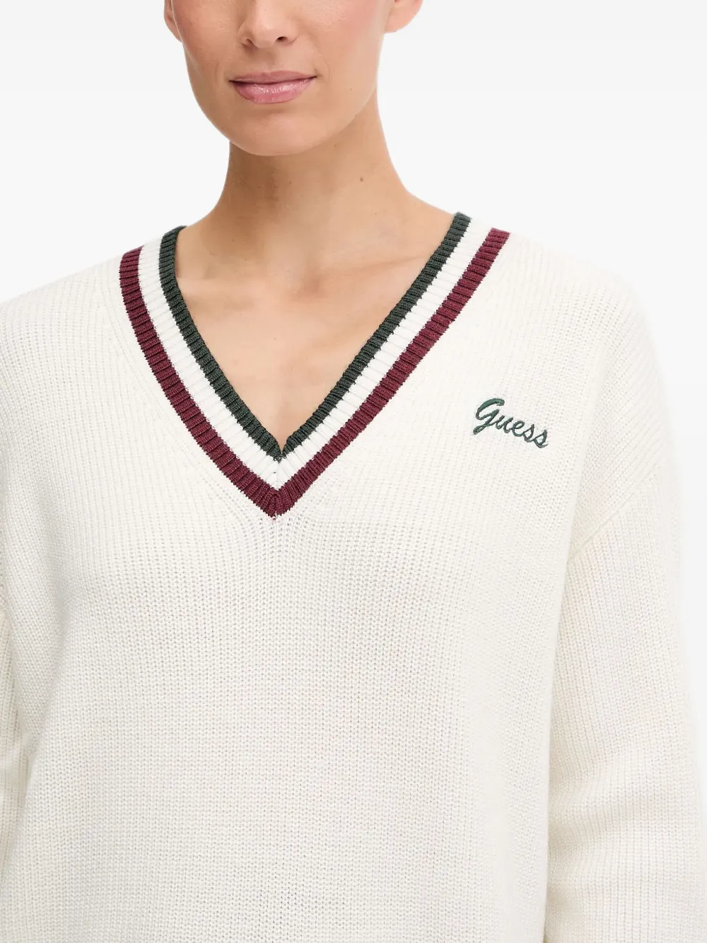 GUESS USA Gestreepte trui met V-hals Wit