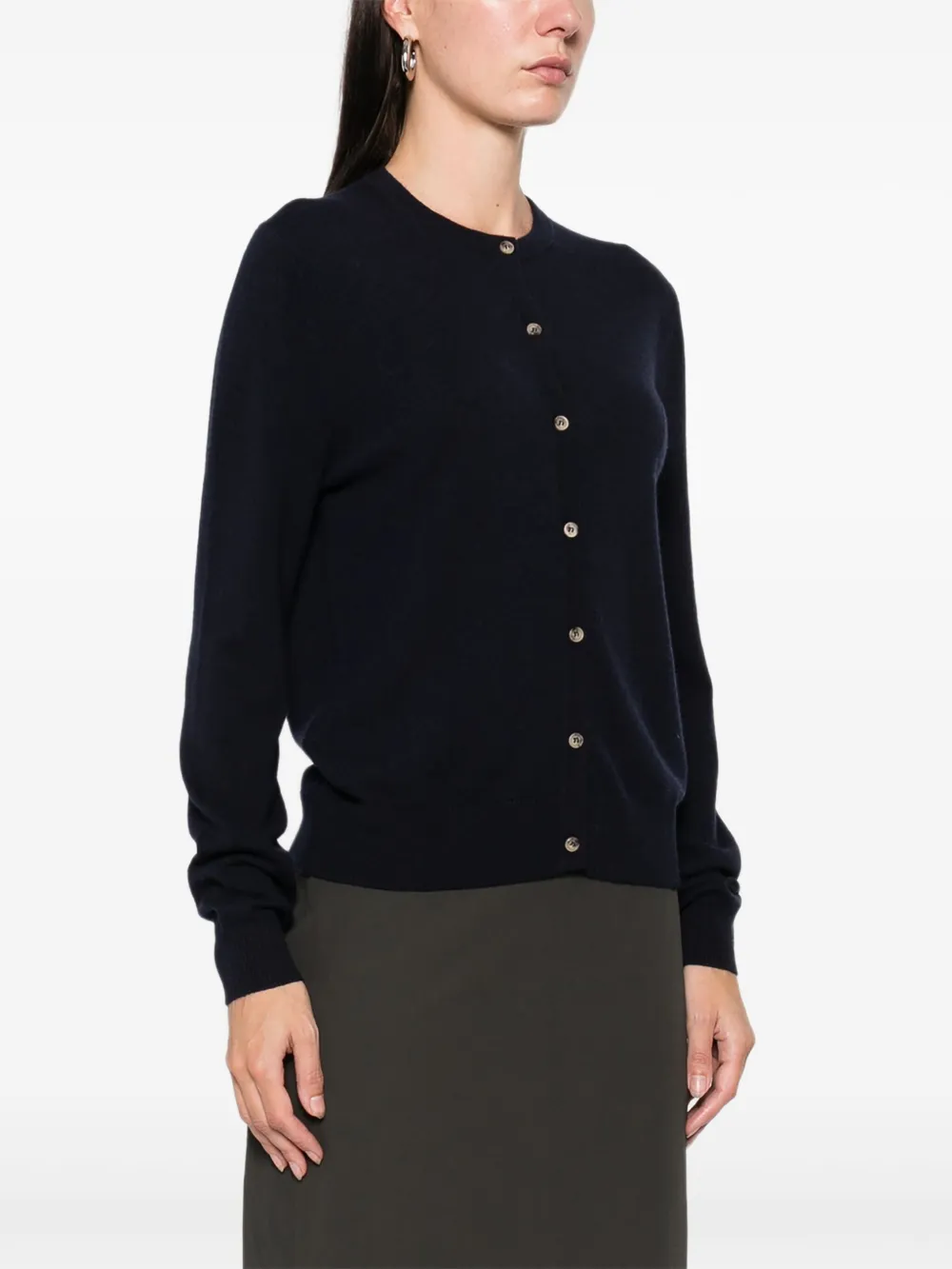 Soft Goat Button-fastening Cre-neck Cardigan In Blue