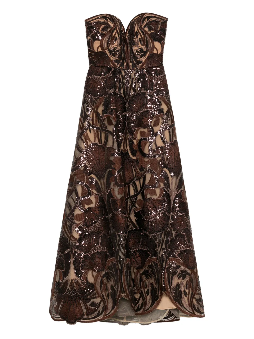 Elie Saab Sequin-embellished Embroidered Maxi Dress In Brown