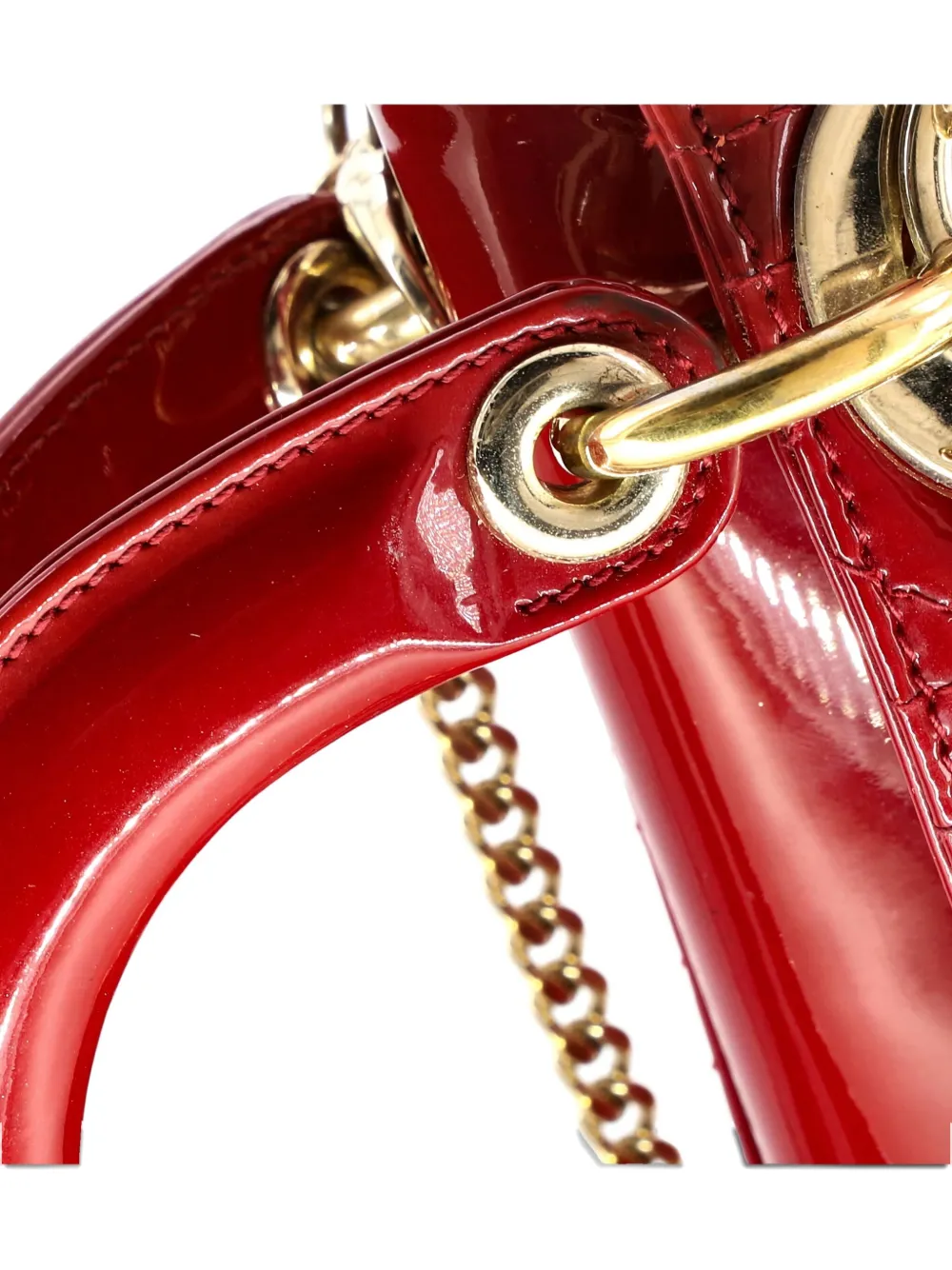 Pre-owned Dior Lady  Chain Bag Cannage Quilt Patent Mini Satchel In Red