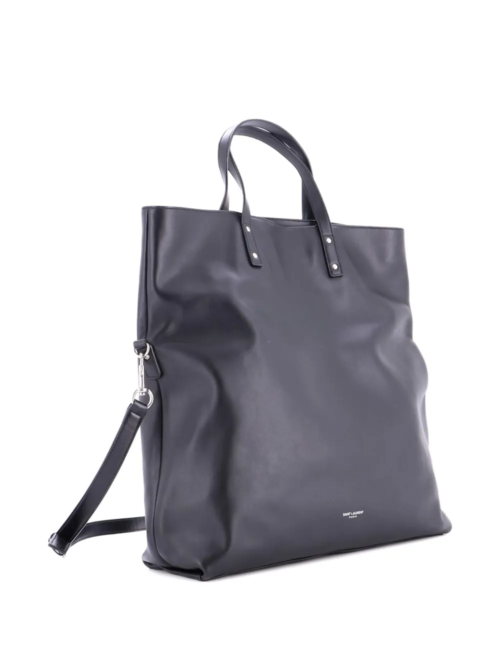 Pre-owned Saint Laurent Foldover Shopping Leather Medium Tote Bag In Black