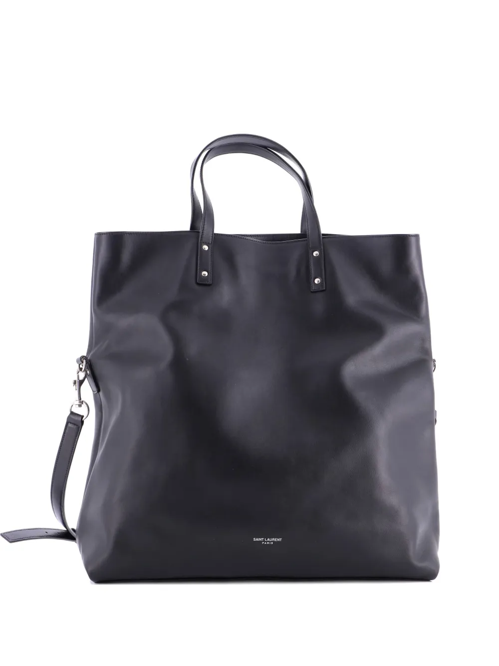 Pre-owned Saint Laurent Foldover Shopping Leather Medium Tote Bag In Black