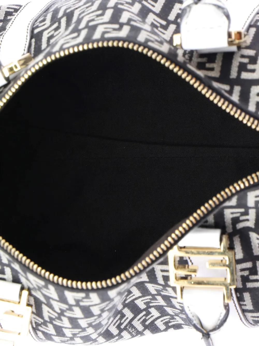 Pre-owned Fendi Boston Bag Zucchino Canvas Small Satchel In Black