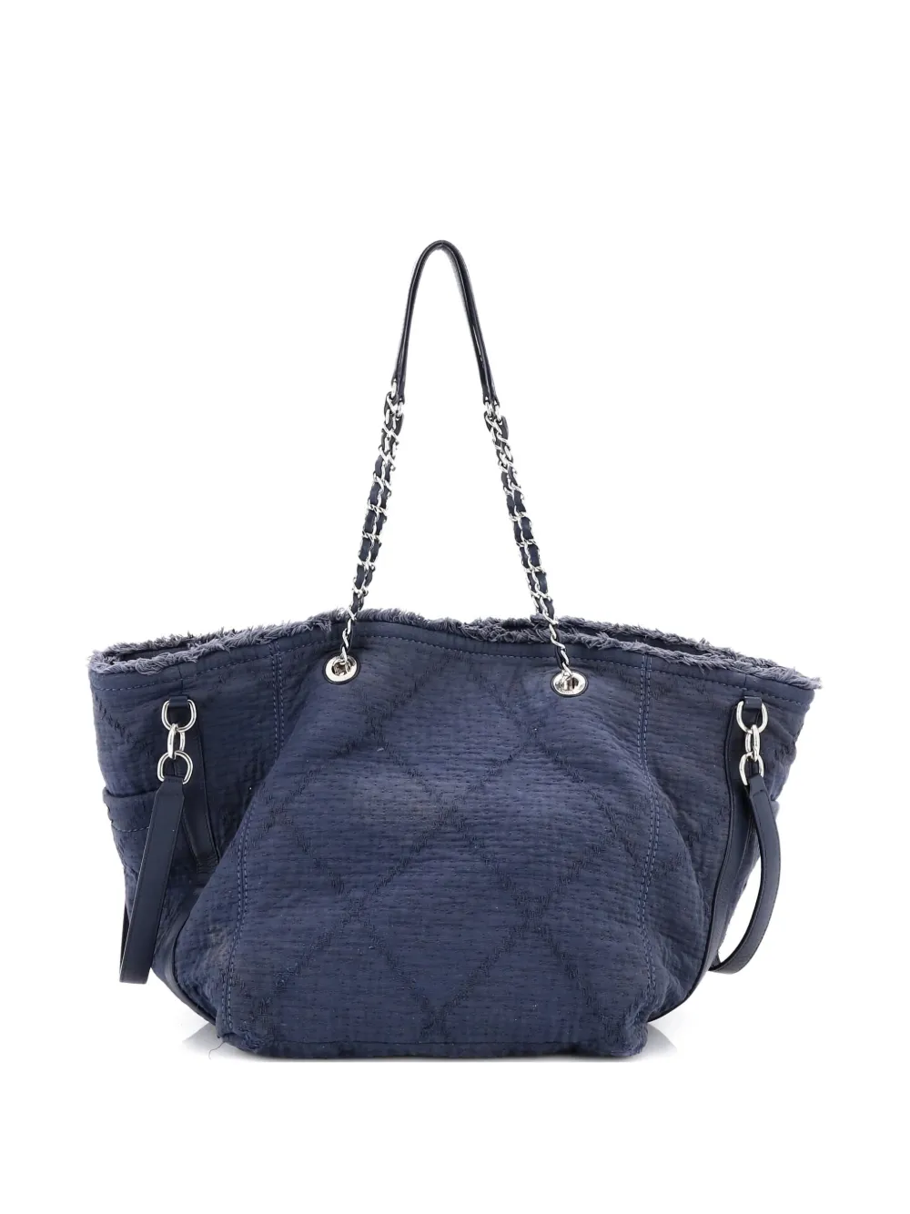 Pre-owned Chanel Double Face Deauville Fringe Quilted Canvas Small Tote Bag In Blue
