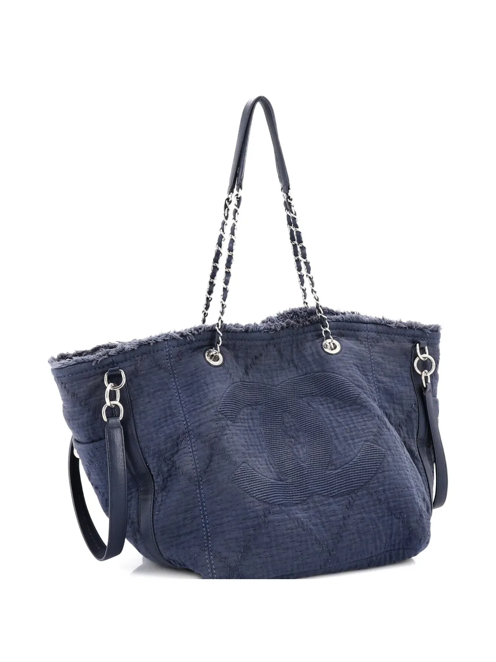 Pre-owned Chanel Double Face Deauville Fringe Quilted Canvas Small Tote Bag In Blue