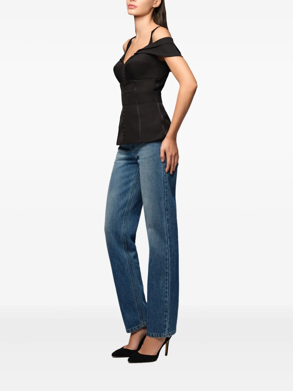 Murmur Candy Shoulder Straps Buttoned Top In Black