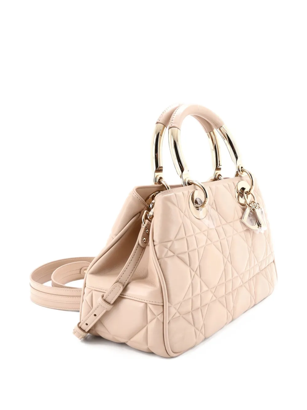 DIOR Pre-owned Lady 95.22 Bag Cannage Embossed Leather Medium Tote Bag In Neutral