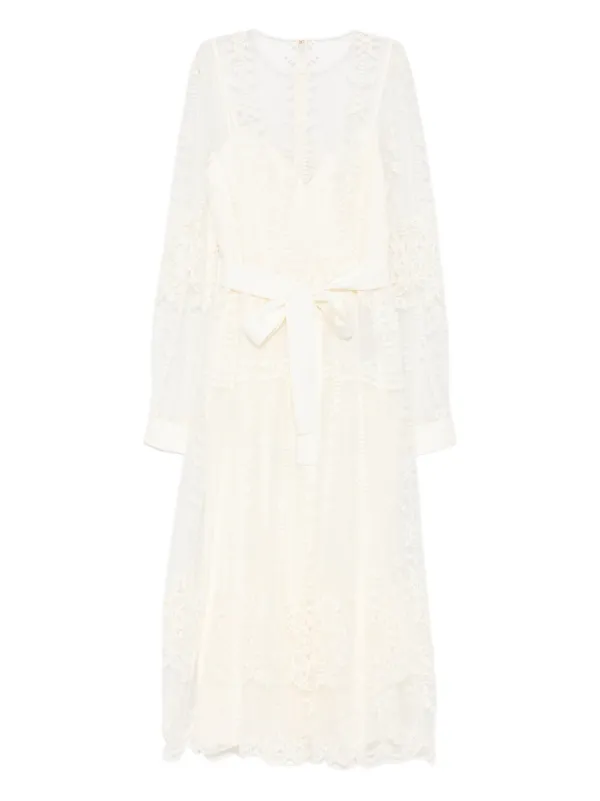 Elie Saab Lace Belted Midi Dress - White