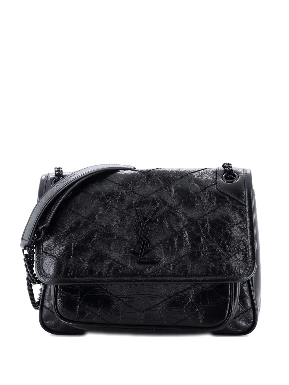 Pre-owned Saint Laurent Niki Chain Flap Bag Matelasse Chevron Leather Baby Shoulder Bag In Black