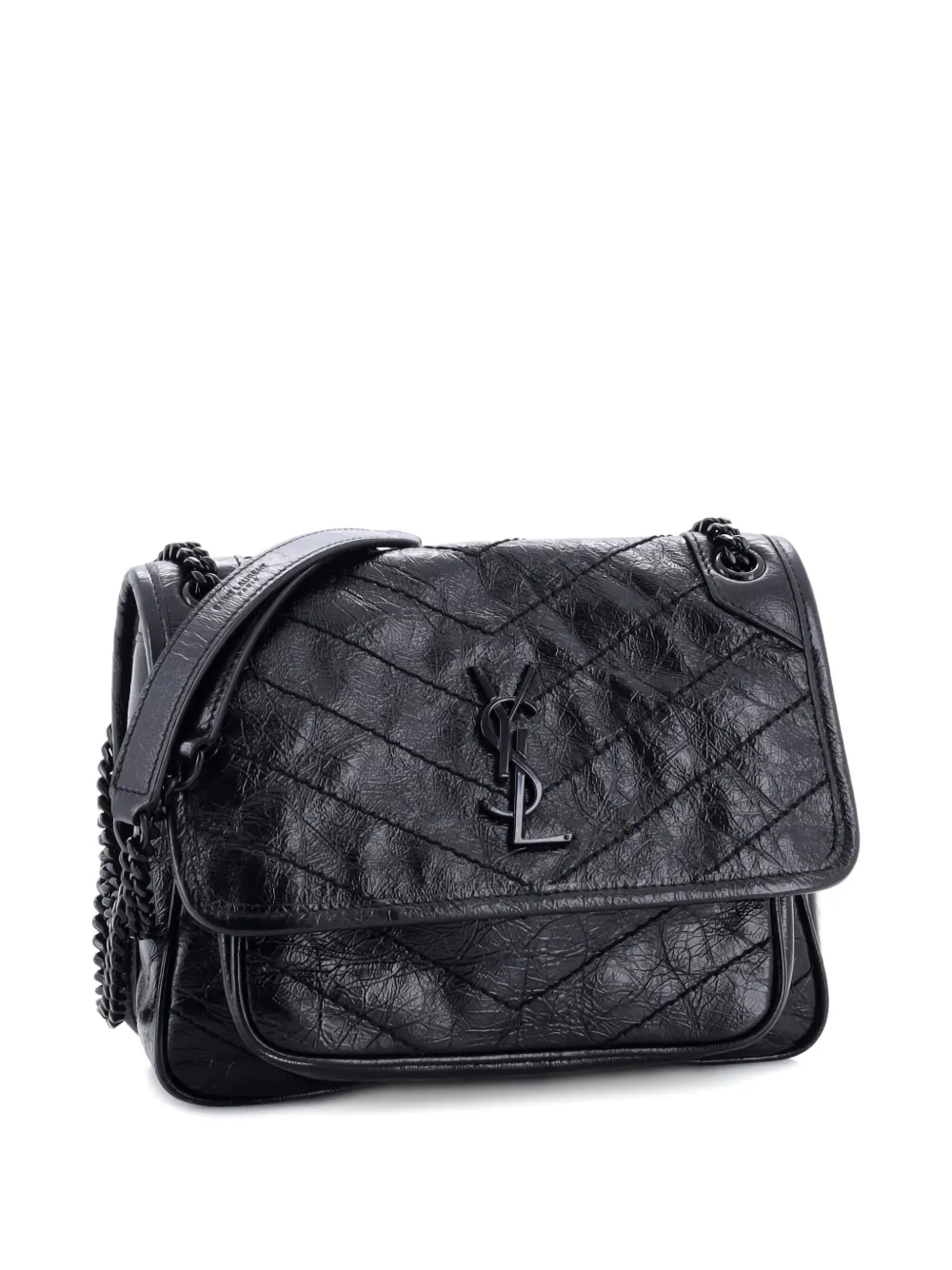 Pre-owned Saint Laurent Niki Chain Flap Bag Matelasse Chevron Leather Baby Shoulder Bag In Black