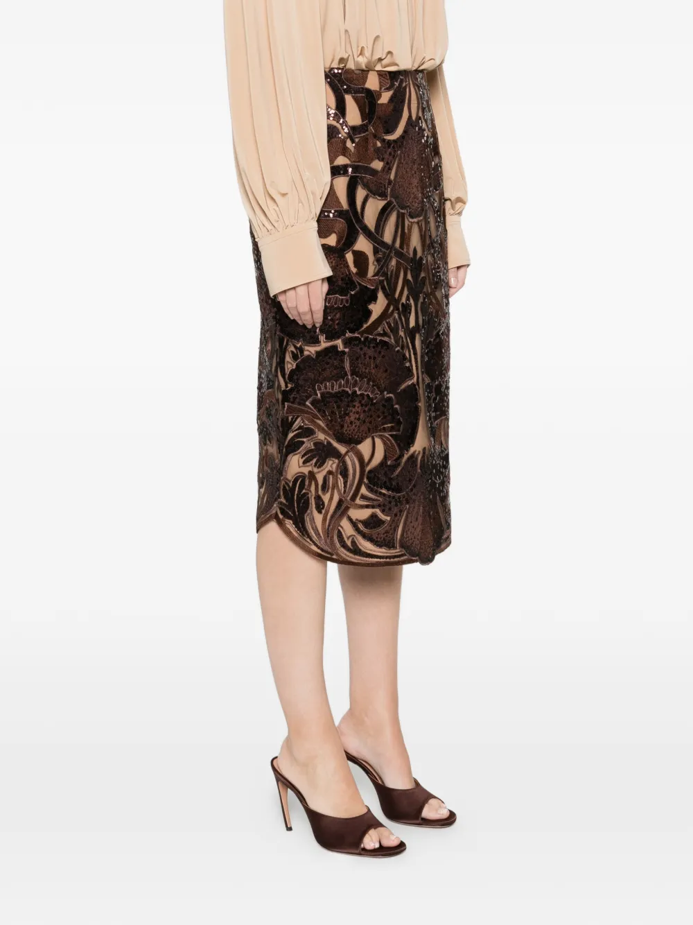 Elie Saab Sequin Floral Midi Skirt In Multi
