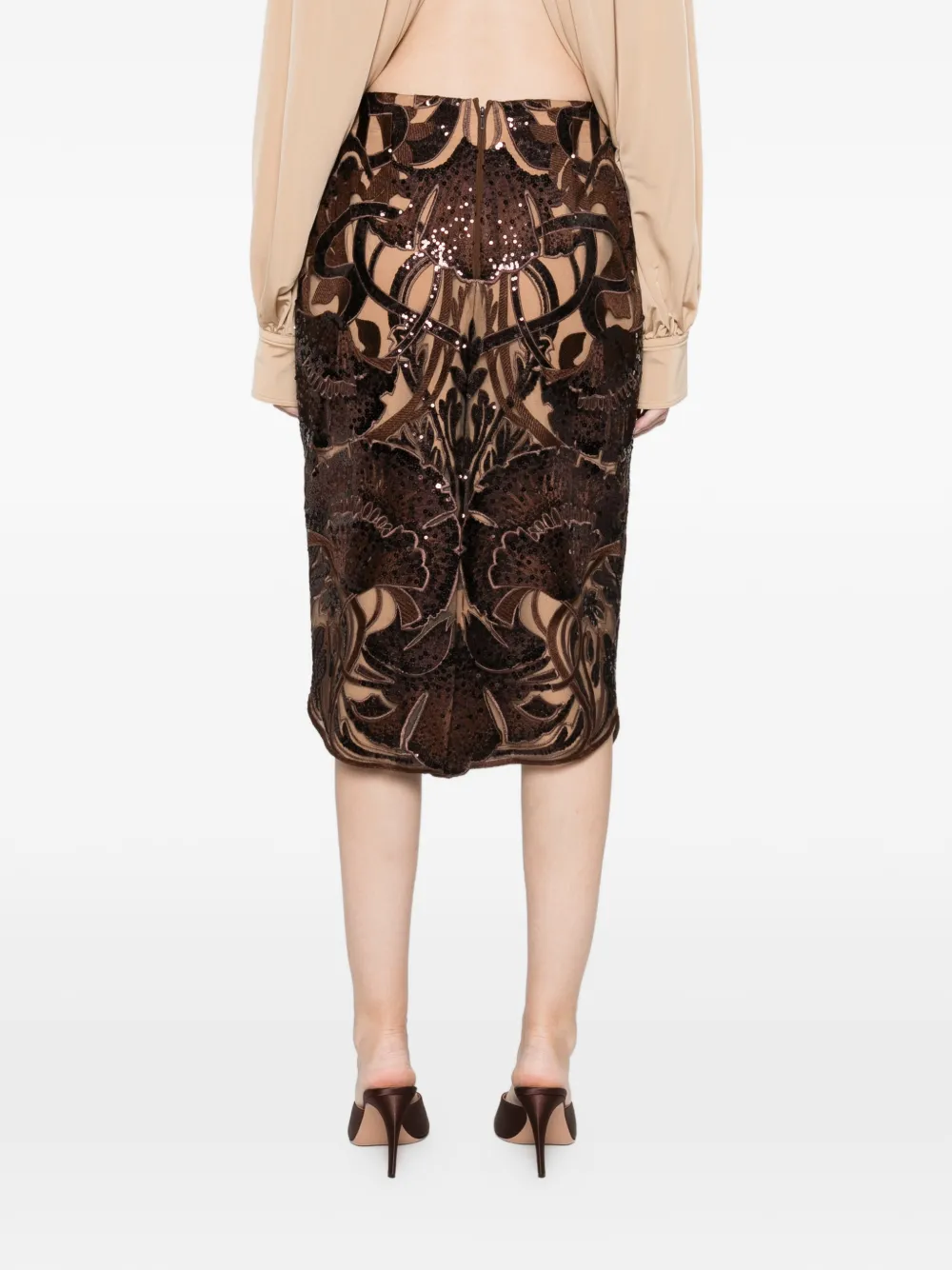 Elie Saab Sequin Floral Midi Skirt In Multi