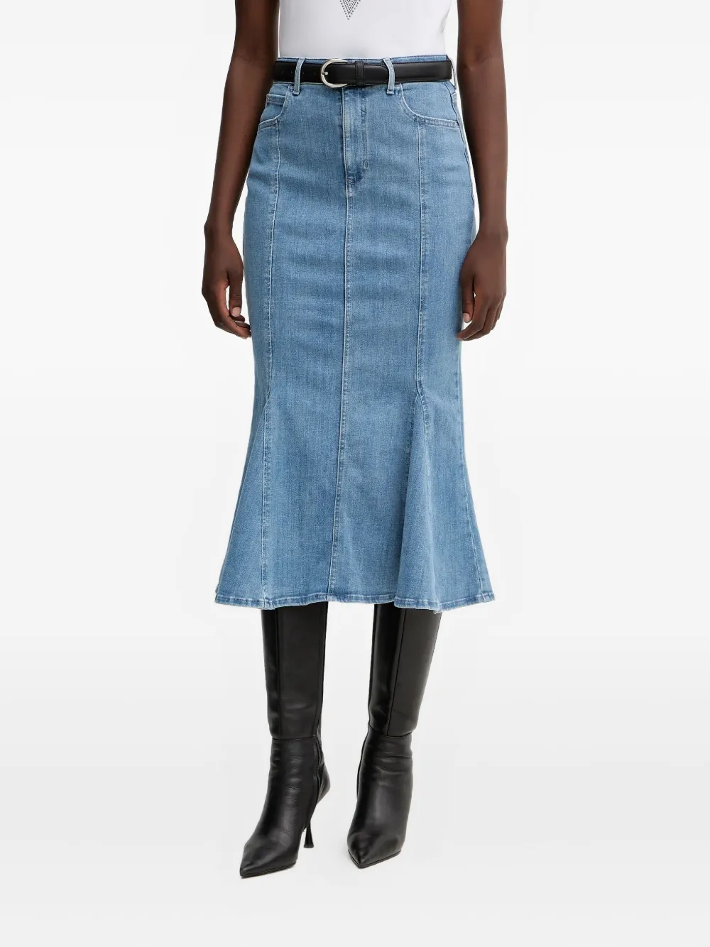 Guess Usa Panelled Flared-hem Midi Skirt In Blue