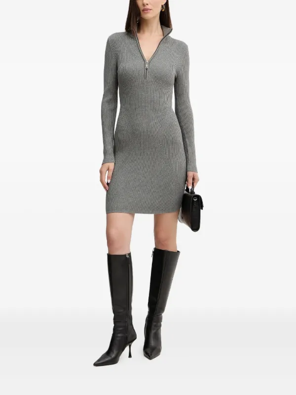 Guess Zip-Neck Ribbed Mini Dress - Grey