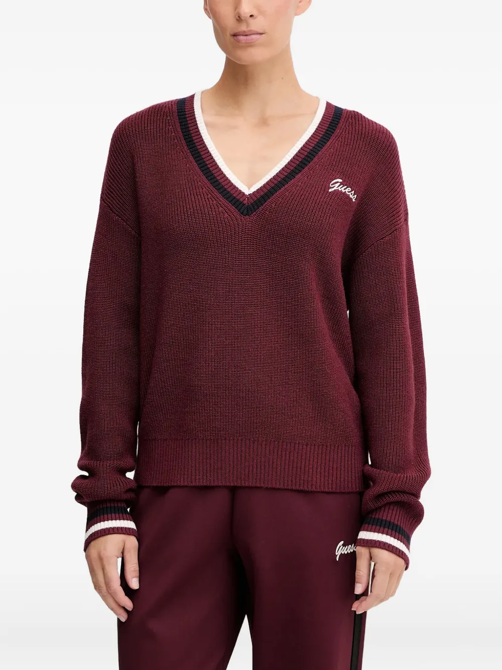 Guess Usa V-neck Striped Sweater In Burgundy