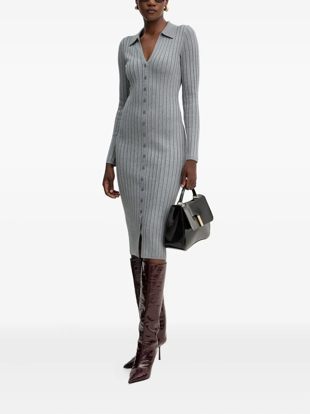 Guess Usa Ribbed Button Midi Dress In Gray