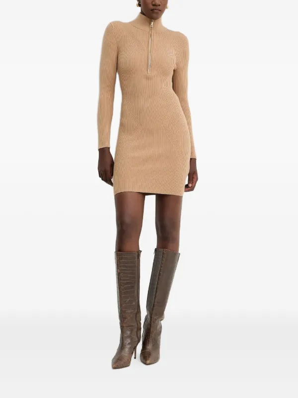 guess brown dress USA zip-neck Ribbed Mini | Neutrals The practical drawstring fastening