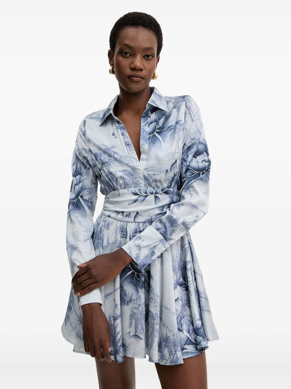 Guess Usa Shirred Floral-print Mini Dress In Blue